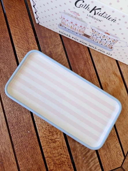 Cath Kidston Çok Renkli ve Çiçekli Sütlük ve Şekerlik Uzun Pastel Pembe Çizgili Porselen Tabak Seti - Resim 7