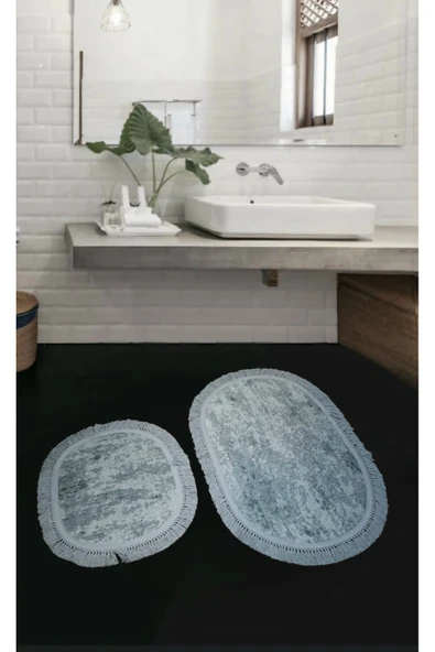 2Li  Saçaklı Dokuma Kaymaz Tabanlı Banyo  Takımı  MAVİ ürün görseli