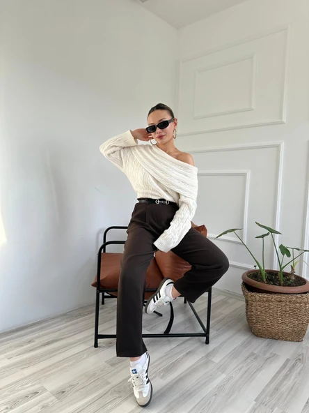 Kadın Madonna Yaka Kazak Ekru - Resim 5