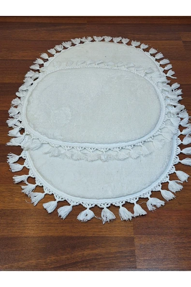 2li Peluş Saçaklı Dokuma Tabanlı Banyo Takımı Beyaz - Resim 3