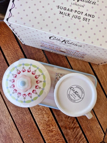 Cath Kidston Çok Renkli ve Çiçekli Sütlük ve Şekerlik Uzun Pastel Pembe Çizgili Porselen Tabak Seti - Resim 6