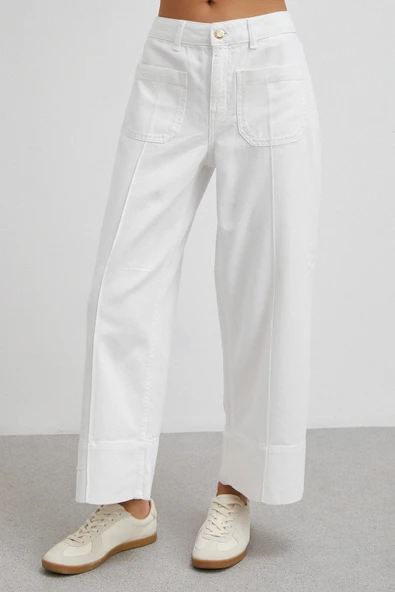 Önü Cepli Paça Detaylı Jean Beyaz - Resim 5