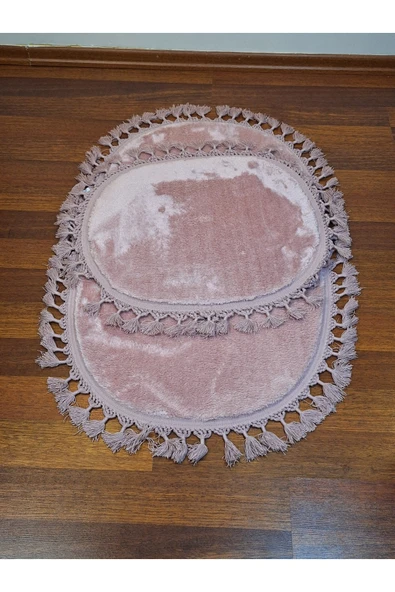2li Peluş Saçaklı Dokuma Tabanlı Banyo Takımı Pembe - Resim 3