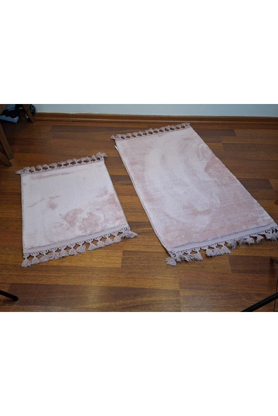 2li Peluş Saçaklı Dokuma Tabanlı Banyo Takımı Pembe - Resim 2