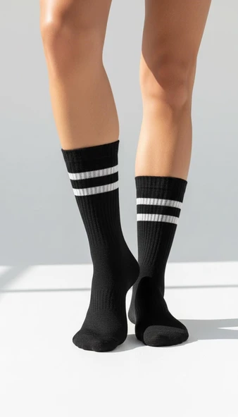 Kadın 2’li Tenis Çorabı – Siyah Beyaz Çizgili Spor Çorap – Nefes Alabilir Rahat Konçlu - Resim 6