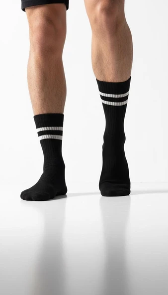 Erkek 2’li Tenis Çorabı – Siyah Beyaz Çizgili Spor Çorap – Nefes Alabilir Esnek Konçlu - Resim 3
