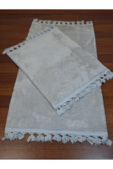 2li Peluş Saçaklı Dokuma Tabanlı Banyo Takımı Beyaz - Resim 3