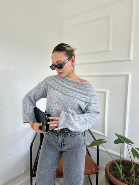 Kadın Madonna Yaka Kazak Gri - Resim 7