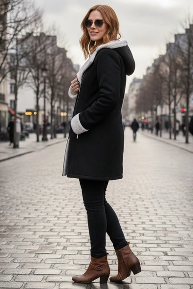 Kadın Günlük Siyah Kaşe Kışlık Kaban - Resim 4