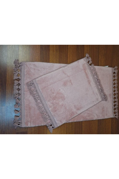 2li Peluş Saçaklı Dokuma Tabanlı Banyo Takımı Pembe - Resim 3