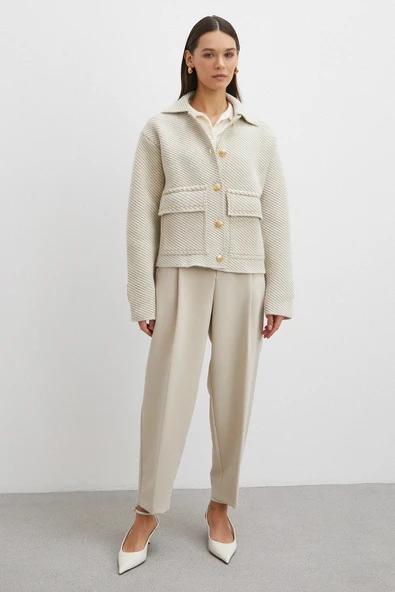 Polo Yaka Cepli Gold Düğmeli Ceket Krem - Resim 2