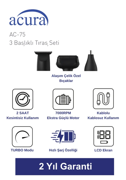 Acura AC-75 3 Başlıklı Metal Gövdeli Tıraş Seti - Resim 2