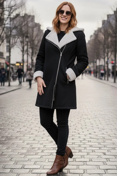 Kadın Günlük Siyah Kaşe Kışlık Kaban ürün görseli 1