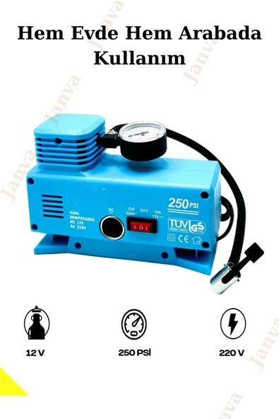 Janva Araba Oto Araç Lastik Şişirme Pompası Hava Kompresörü 250psi DC 12-AC 220 Volt Kompresör Pompa Seti - Resim 5