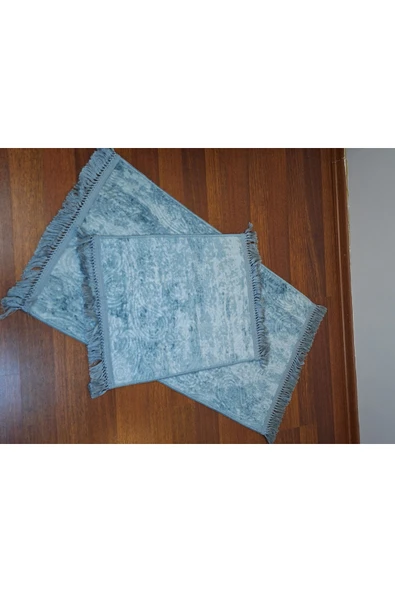 2Li  Saçaklı Dokuma Kaymaz Tabanlı Banyo  Takımı  MAVİ - Resim 3