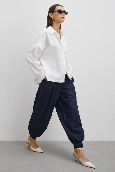 Paçası Düğmeli Yüksek Bel Mom Jean Lacivert - Resim 3