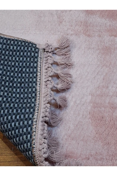 2li Peluş Saçaklı Dokuma Tabanlı Banyo Takımı Pembe - Resim 5