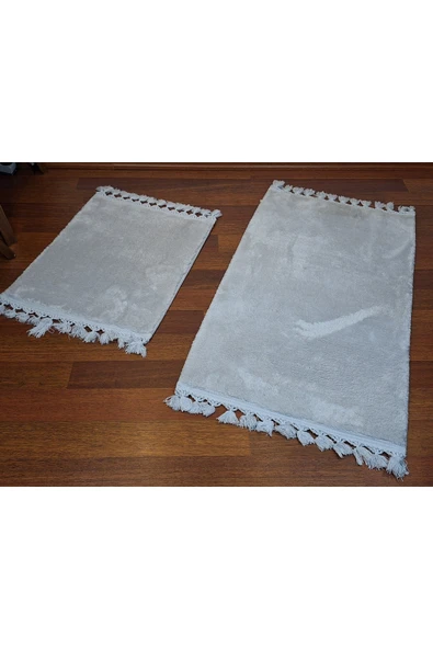 2li Peluş Saçaklı Dokuma Tabanlı Banyo Takımı Beyaz - Resim 2