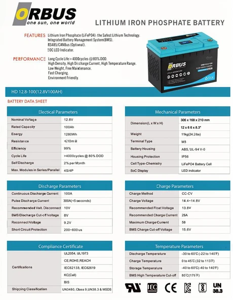 Orbus 12,8 V 100 Ah Lityum Akü - Resim 3