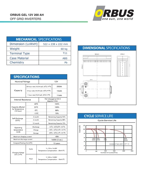Orbus 12V 200 Amper Jel Akü - Resim 2