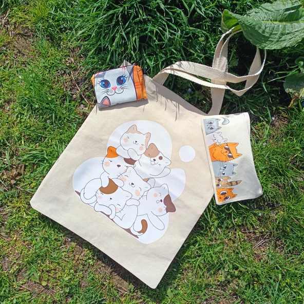 Utterly Good Kedili Bez Çanta Seti  Roller Kalem Hediyeli  Bez Çanta  Bez Kalemlik  Bez Cüzdan - Resim 5