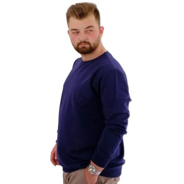 Büyük Beden Erkek Bisiklet Yaka Basic Sweatshirt U24174 İndigo - Resim 3