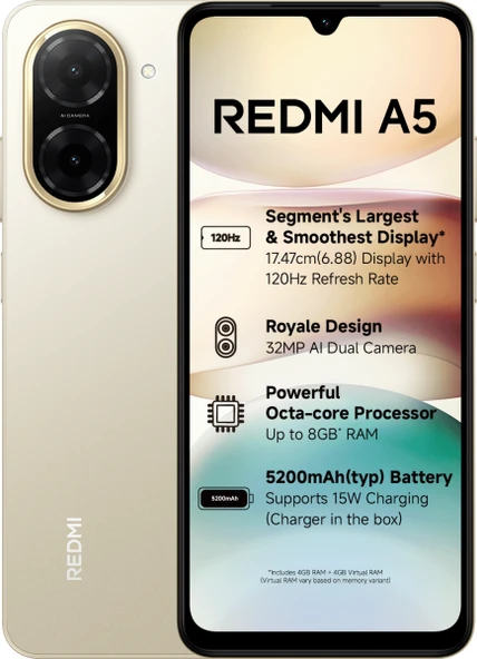 XİAOMİ REDMİ A5 4 RAM 128 GB GOLD (KVK TÜRKİYE GARANTİLİ) ürün görseli
