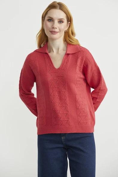 Polo Yaka Motifli Triko Kazak - Gül - Resim 2