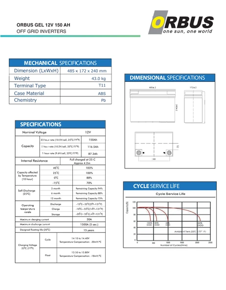Orbus 12V 150 Amper Jel Akü - Resim 2