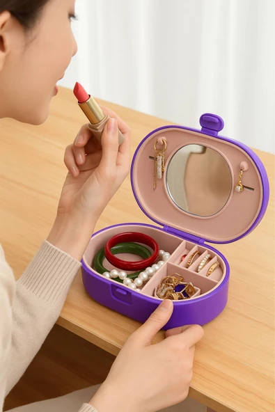 Aynalı Taşınabilir Takı Kutusu | Kadın Makyaj&aksesuar Düzenleyici Mavi Krem Kurdele ürün görseli 1