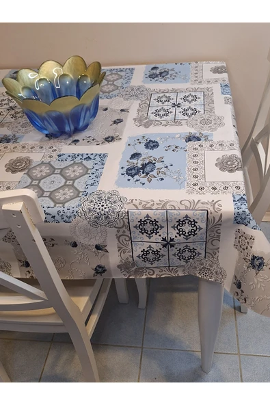 Elyaflı Pvc Muşamba - Desenli Silinebilir Masa Örtüsü ( MAVİ ) - Resim 4
