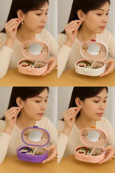 Aynalı Taşınabilir Takı Kutusu | Kadın Makyaj&aksesuar Düzenleyici Mavi Krem Kurdele - Resim 2