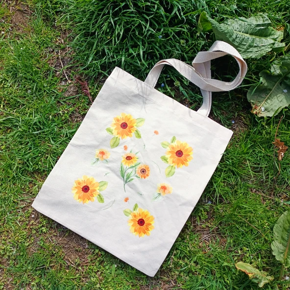 Utterly Good Ayçiçekli Bez Çanta Seti  Roller Kalem Hediyeli  Bez Çanta  Bez Kalemlik  Bez Cüzdan - Resim 4