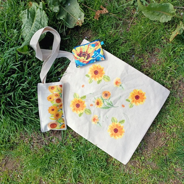 Utterly Good Ayçiçekli Bez Çanta Seti  Roller Kalem Hediyeli  Bez Çanta  Bez Kalemlik  Bez Cüzdan ürün görseli