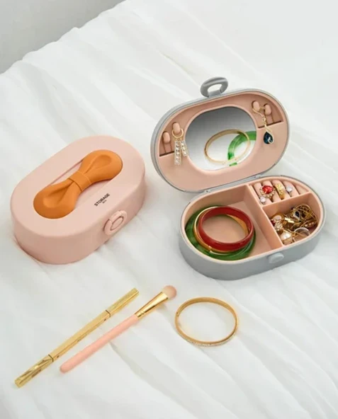 Aynalı Taşınabilir Takı Kutusu | Kadın Makyaj&aksesuar Düzenleyici Pembe Mor Kurdele - Resim 3