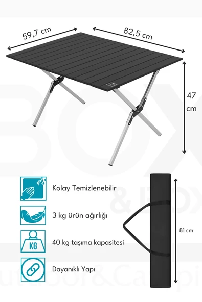 Box&Box Alüminyum, Katlanabilir Kamp ve Piknik Masası, Omuz Askılı Taşıma Çantasıyla, Large, Siyah - Resim 3