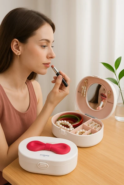 Aynalı Taşınabilir Takı Kutusu | Kadın Makyaj&aksesuar Düzenleyici Beyaz Kırmızı Kurdele ürün görseli 1