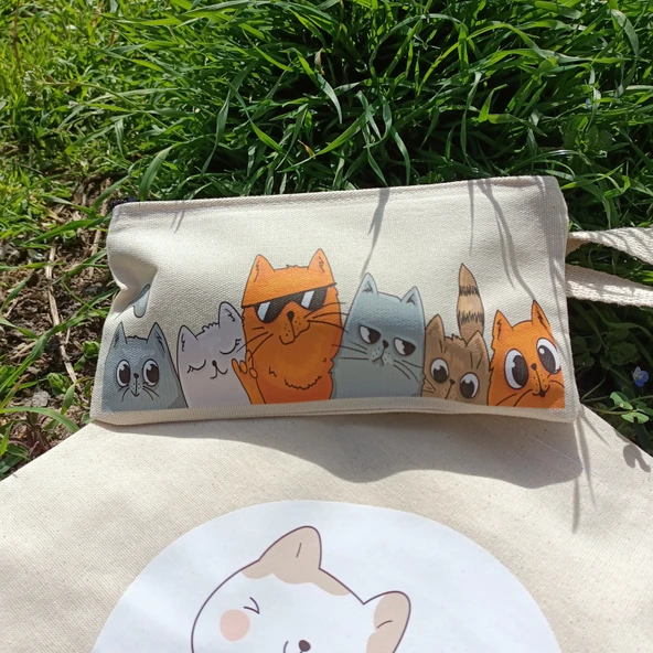 Utterly Good Kedili Bez Çanta Seti  Roller Kalem Hediyeli  Bez Çanta  Bez Kalemlik  Bez Cüzdan - Resim 2