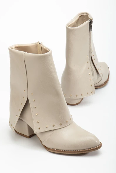 Kadın Sivri Burun Bej Cilt Detaylı Topuklu Bot ürün görseli