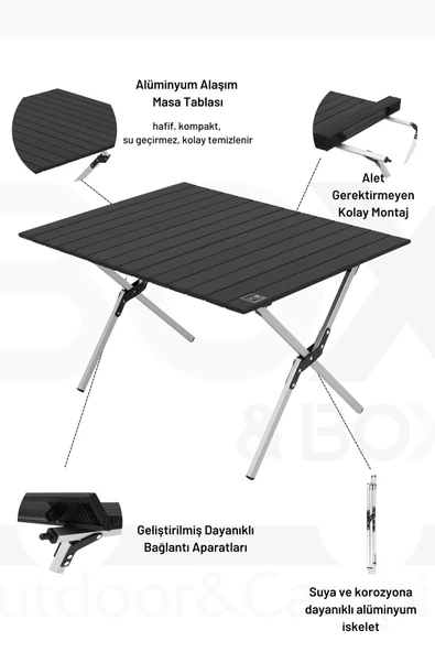 Box&Box Alüminyum, Katlanabilir Kamp ve Piknik Masası, Omuz Askılı Taşıma Çantasıyla, Large, Siyah - Resim 2