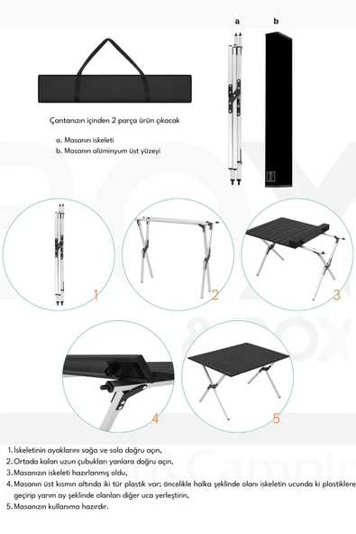 Box&Box Alüminyum, Katlanabilir Kamp ve Piknik Masası, Omuz Askılı Taşıma Çantasıyla, Large, Siyah - Resim 4