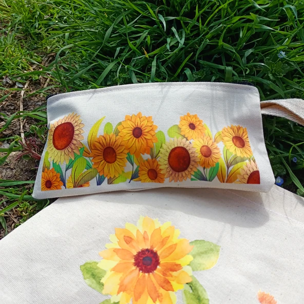 Utterly Good Ayçiçekli Bez Çanta Seti  Roller Kalem Hediyeli  Bez Çanta  Bez Kalemlik  Bez Cüzdan - Resim 6