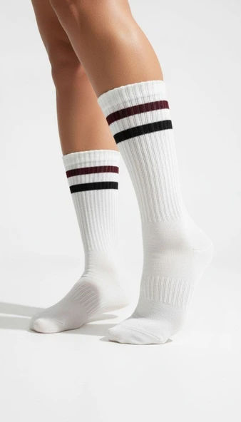 Kadın 2’li Spor Tenis Çorabı – Siyah ve Beyaz Çizgili Model - Resim 6
