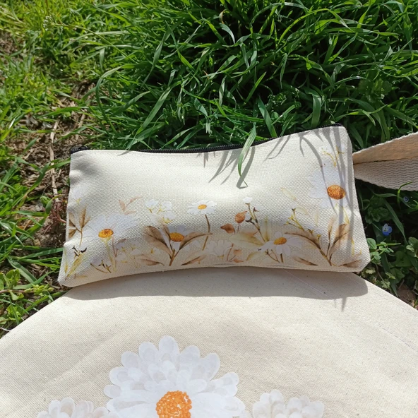 Utterly Good Papatyalı Bez Çanta Seti  Roller Kalem Hediyeli  Bez Çanta  Bez Kalemlik  Bez Cüzdan - Resim 2