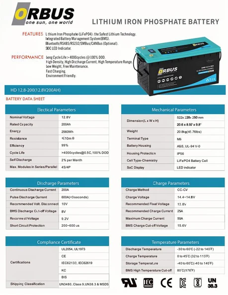 Orbus 12.8 V 200 Ah Lityum Akü - Resim 2