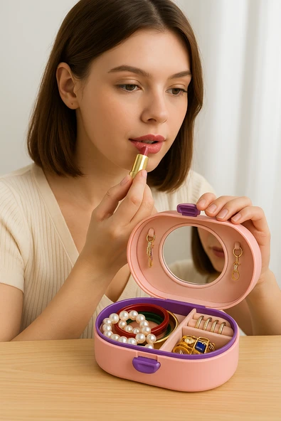 Aynalı Taşınabilir Takı Kutusu | Kadın Makyaj&aksesuar Düzenleyici Pembe Mor Kurdele ürün görseli 1