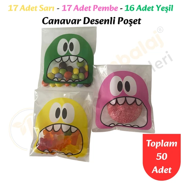 50 Adet Sarı-Pembe-Yeşil Renkli Canavar Desenli Cake Pop & Kurabiye Poşeti-10x15 cm ürün görseli 1