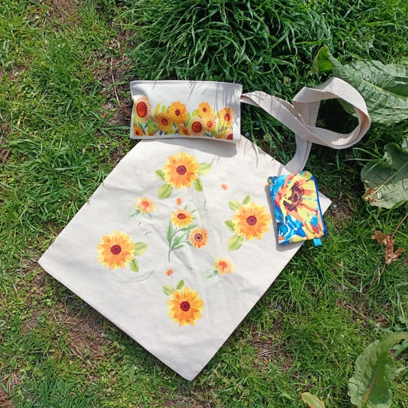 Utterly Good Ayçiçekli Bez Çanta Seti  Roller Kalem Hediyeli  Bez Çanta  Bez Kalemlik  Bez Cüzdan - Resim 5