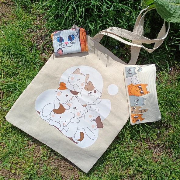 Utterly Good Kedili Bez Çanta Seti  Roller Kalem Hediyeli  Bez Çanta  Bez Kalemlik  Bez Cüzdan ürün görseli