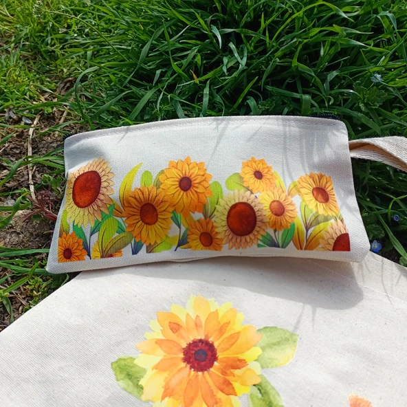 Utterly Good Ayçiçekli Bez Çanta Seti  Roller Kalem Hediyeli  Bez Çanta  Bez Kalemlik  Bez Cüzdan - Resim 2